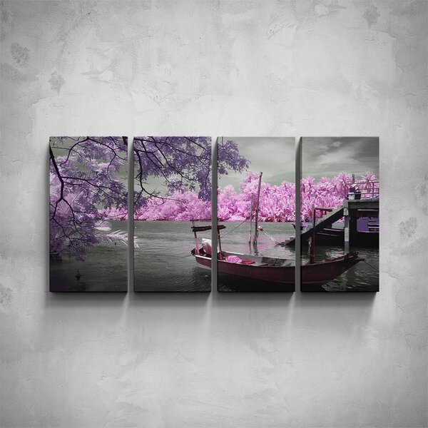4-dílný obraz - Loďka s růžovými stromy