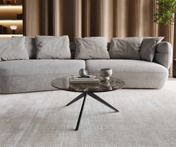 DELIFE Konferenční stolek Delron 70x70 cm keramika Laminam®Emperador Extra Lucidato tmavě hnědá křížová podnož plochá kov černá