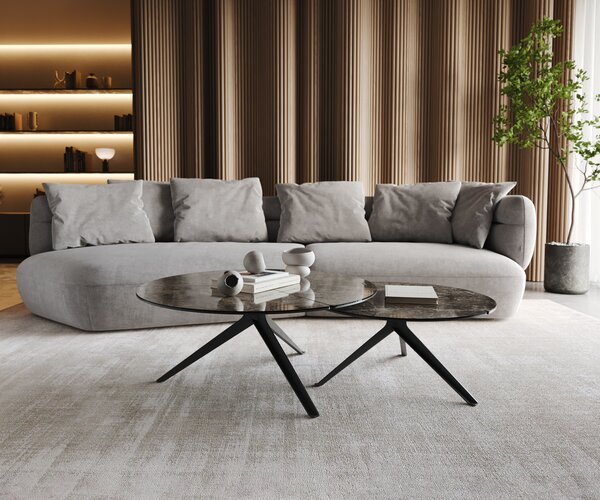 DELIFE Konferenční stolek Delron 70x70 cm keramika Laminam®Emperador Extra Lucidato tmavě hnědá křížová podnož plochá kov černá