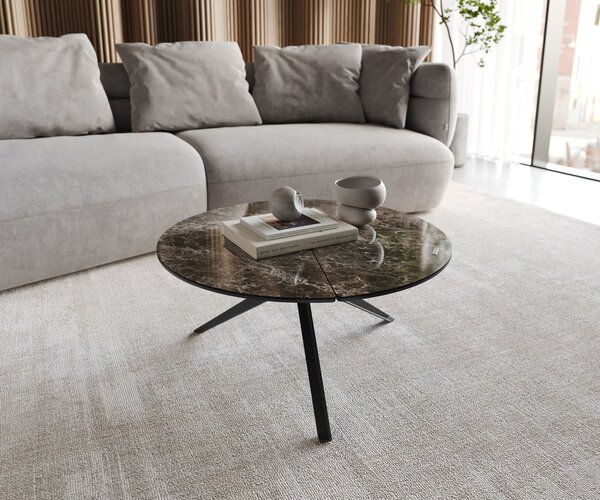 DELIFE Konferenční stolek Delron 70x70 cm keramika Laminam®Emperador Extra Lucidato tmavě hnědá křížová podnož plochá kov černá