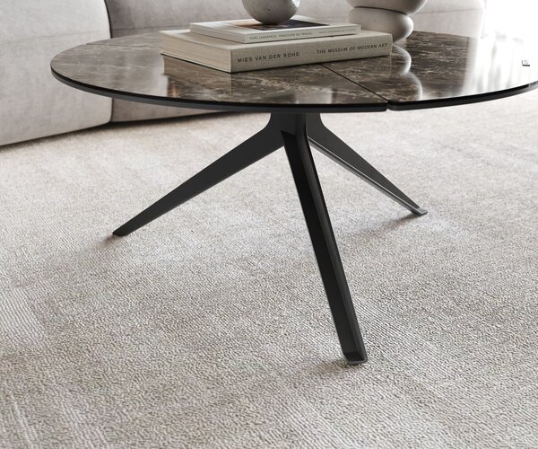 DELIFE Konferenční stolek Delron 70x70 cm keramika Laminam®Emperador Extra Lucidato tmavě hnědá křížová podnož plochá kov černá