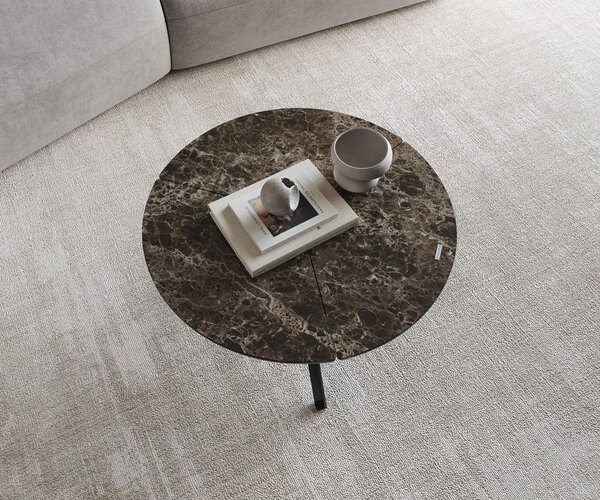 DELIFE Konferenční stolek Delron 70x70 cm keramika Laminam®Emperador Extra Lucidato tmavě hnědá křížová podnož plochá kov černá