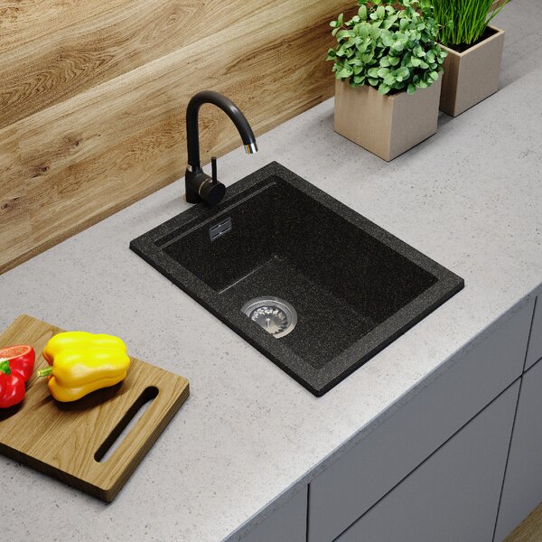 Gamma Decor 3850, 1-komorový granitový dřez 380x500x207 mm, černá se zlatými body, GMA-ZLE000179