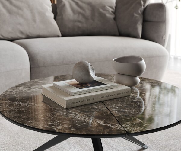 DELIFE Konferenční stolek Delron 70x70 cm keramika Laminam®Emperador Extra Lucidato tmavě hnědá křížová podnož plochá kov černá