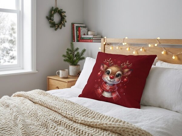 3D povlak na polštář z mikrovlákna MERRY FAWN 45x45 cm, červený