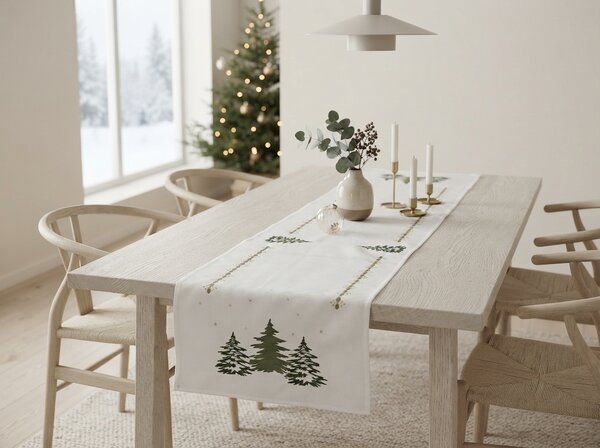 Vánoční běhoun na stůl EVERGREEN CHARM 40x140 cm, bílý