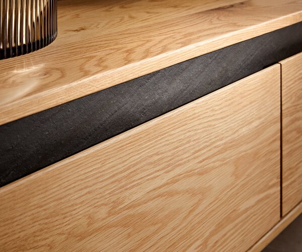 DELIFE Designový TV stolek Stonegrace 200 cm dub přírodní břidlice 4 zásuvky podnož ve tvaru V kov černá