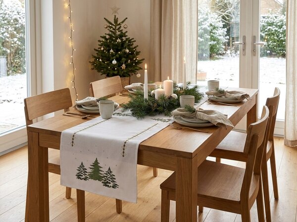 Vánoční běhoun na stůl EVERGREEN CHARM 40x140 cm, bílý