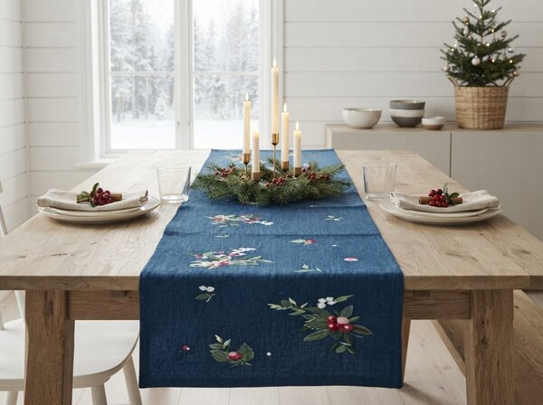 Vánoční běhoun na stůl WINTER BERRIES 40x150 cm, tmavě modrý