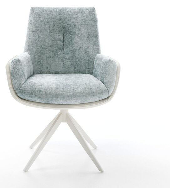 DELIFE Jídelní židle Clea-Flex kombinace materiálů pravá kůže bílá pastelově modrá široká křížová podnož bílá 360° otočná houpací funkce