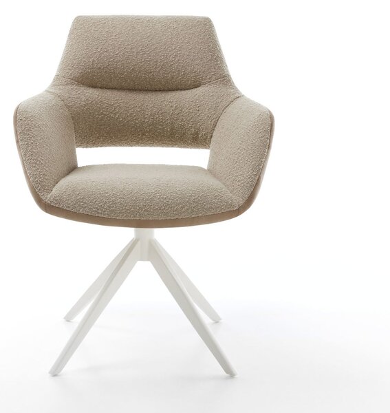 DELIFE Jídelní židle Yago-Flex s područkami kombinace materiálů tmavě béžová křížová podnož široká bílá otočná o 360° houpací funkce taštičkové pružiny