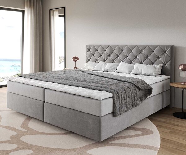 DELIFE Boxspring postel Dream-Great mikrovlákno šedá 200x200 cm s taštičkovou pružinovou matrací a visco topperem