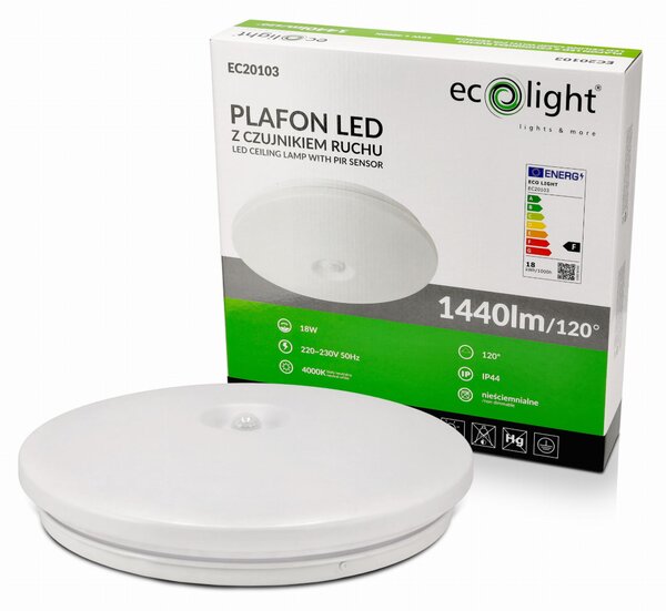 ECOLIGHT LED stropní svítidlo - PIR - 18W - IP44 - neutrální bílá