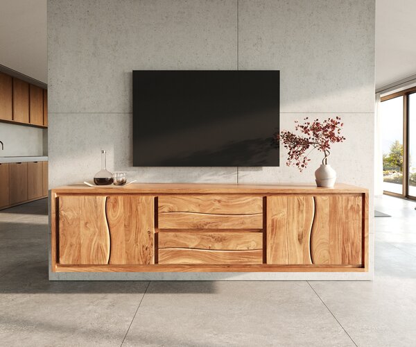DELIFE TV stolek Live-Edge 200 cm akácie přírodní 4 dvířka 2 zásuvky závěsný
