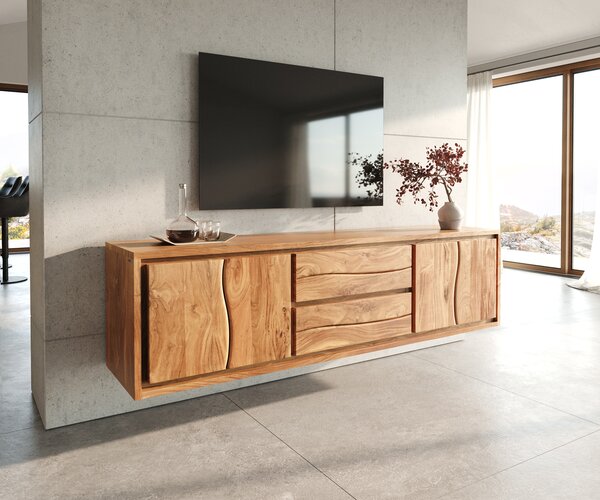 DELIFE TV stolek Live-Edge 200 cm akácie přírodní 4 dvířka 2 zásuvky závěsný