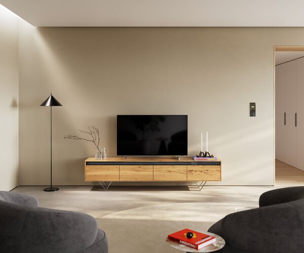 DELIFE Designový TV stolek Stonegrace 200 cm dub přírodní břidlice 4 zásuvky podnož ve tvaru V nerezová ocel
