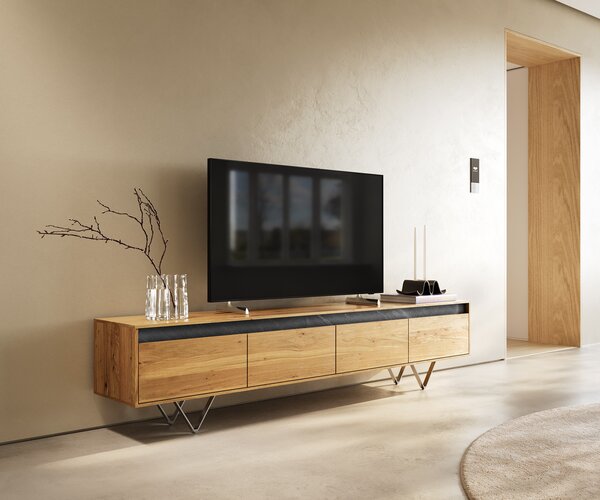 DELIFE Designový TV stolek Stonegrace 200 cm dub přírodní břidlice 4 zásuvky podnož ve tvaru V nerezová ocel