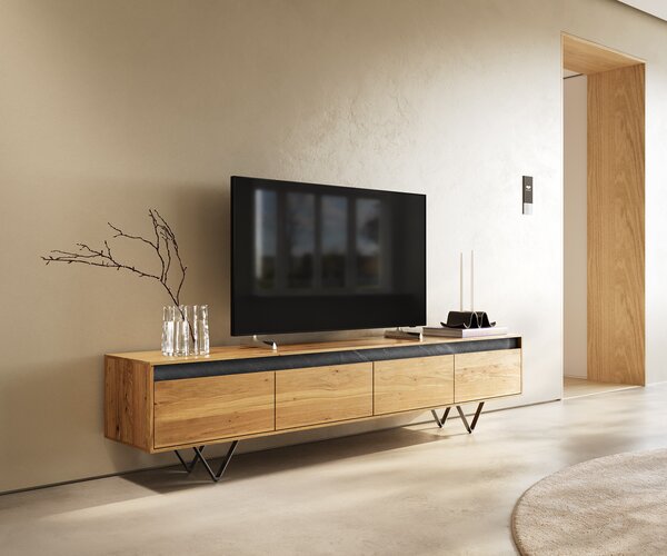 DELIFE Designový TV stolek Stonegrace 200 cm dub přírodní břidlice 4 zásuvky podnož ve tvaru V kov černá
