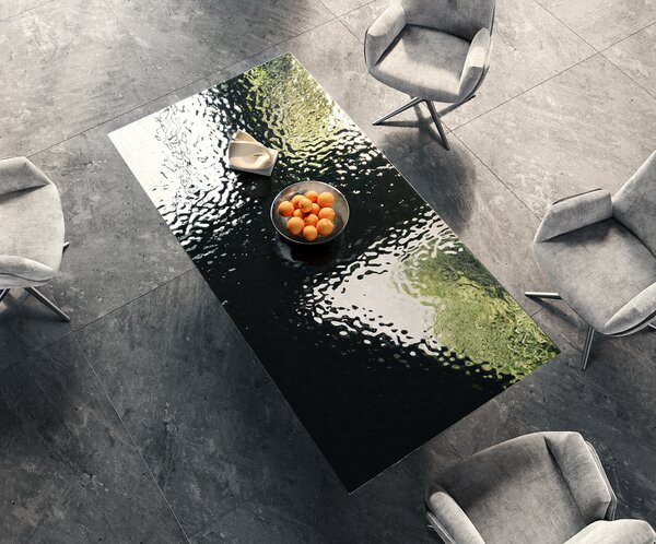 DELIFE Jídelní stůl Edge 200x100 sklo s reliéfem kouřově černé 3D design křížová podnož nerezová ocel