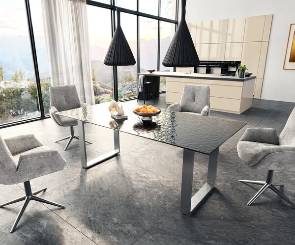DELIFE Jídelní stůl Edge 200x100 sklo s reliéfem kouřově černé 3D design nerezová ocel úzký
