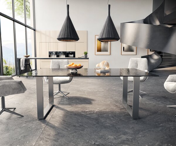 DELIFE Jídelní stůl Edge 200x100 sklo s reliéfem kouřově černé 3D design nerezová ocel úzký