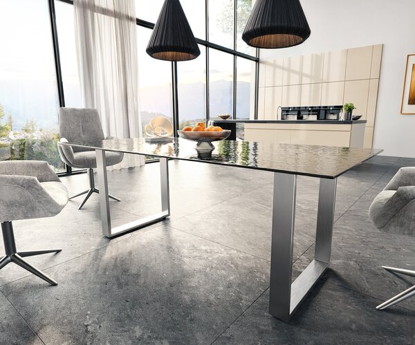 DELIFE Jídelní stůl Edge 200x100 sklo s reliéfem kouřově černé 3D design nerezová ocel úzký