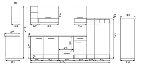 KUCHYŇSKÝ BLOK BEZ SPOTŘEBIČŮ 310 cm Respekta - Online Only kuchyňské linky, Online Only