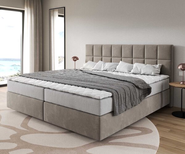 DELIFE Boxspring postel Dream-Fine mikrovlákno béžová 200x200 cm s taštičkovou pružinovou matrací a visco topperem