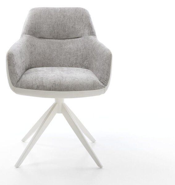 DELIFE Jídelní židle Pejo-Flex kombinace materiálů pravá kůže bílá stříbrně šedá křížová podnož široká bílá 360° otočná houpací funkce taštičkové pružiny