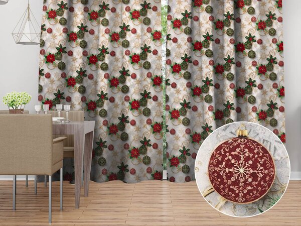 Biante Saténový závěs LUP-509 Vánoční hvězdy, cesmíny a baňky na světle šedém 140x140 cm