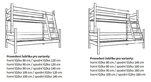 Dětská patrová postel s rozšířeným spodním lůžkem z MASIVU 200x90 cm bez šuplíku PAVLÍNA