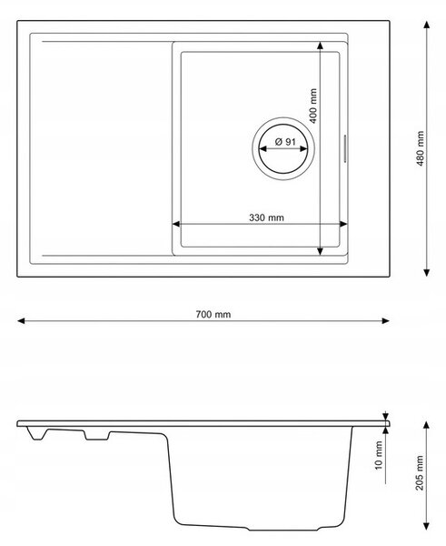 Gamma Design 7050, 1-komorový granitový dřez 700x480x205 mm, černá, GMA-ZLE000129