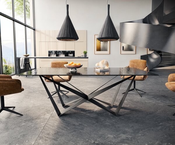 DELIFE Jídelní stůl Edge 200x100 sklo s reliéfem kouřově černé 3D design Spider plochá ocel černá