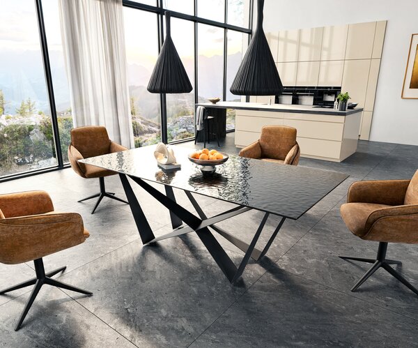 DELIFE Jídelní stůl Edge 200x100 sklo s reliéfem kouřově černé 3D design Spider plochá ocel černá