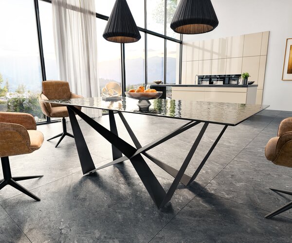 DELIFE Jídelní stůl Edge 200x100 sklo s reliéfem kouřově černé 3D design Spider plochá ocel černá