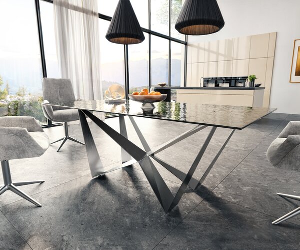 DELIFE Jídelní stůl Edge 200x100 sklo s reliéfem kouřově černé 3D design Spider plochá ocel nerezová ocel