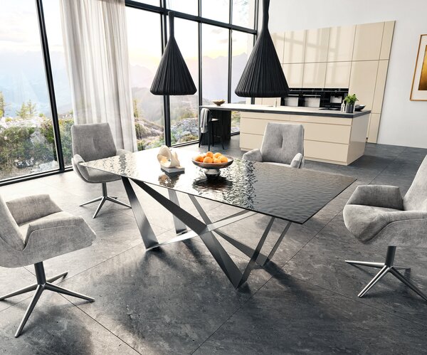 DELIFE Jídelní stůl Edge 200x100 sklo s reliéfem kouřově černé 3D design Spider plochá ocel nerezová ocel