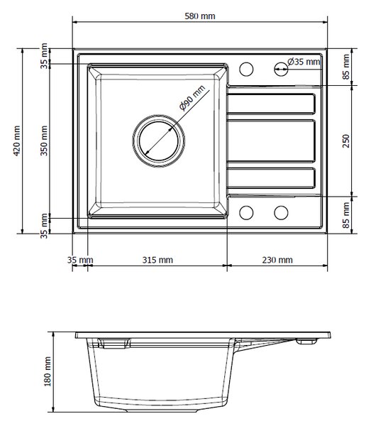 Gamma Modern 6040, 1-komorový granitový dřez 580x420x185 mm s krátkým odkapávačem, černá se zlatými body, GMA-ZM-6040-GD