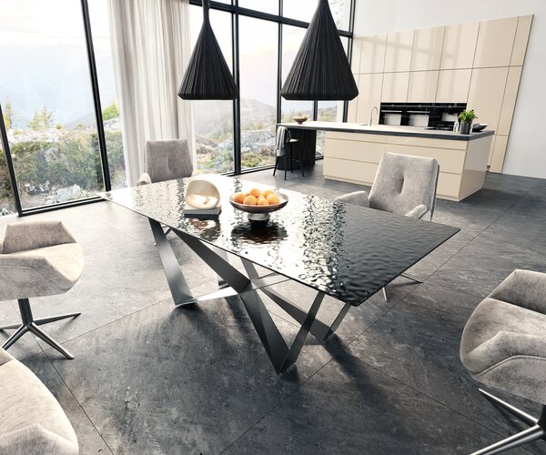 DELIFE Jídelní stůl Edge 200x100 sklo s reliéfem kouřově černé 3D design Spider plochá ocel nerezová ocel