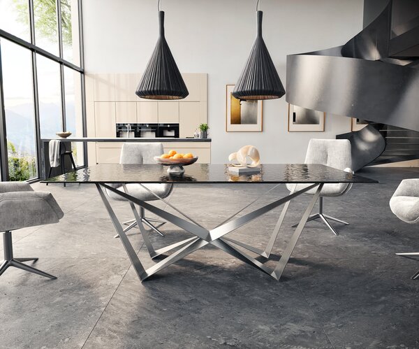DELIFE Jídelní stůl Edge 200x100 sklo s reliéfem kouřově černé 3D design Spider plochá ocel nerezová ocel