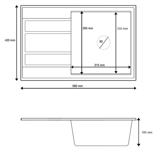 Gamma Modern 6040, 1-komorový granitový dřez 580x420x185 mm s krátkým odkapávačem, šedá, GMA-ZM-6040-G