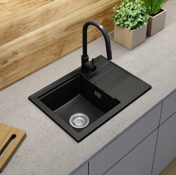 Gamma Modern 6040, 1-komorový granitový dřez 580x420x185 mm s krátkým odkapávačem, černá, GMA-ZM-6040-BK