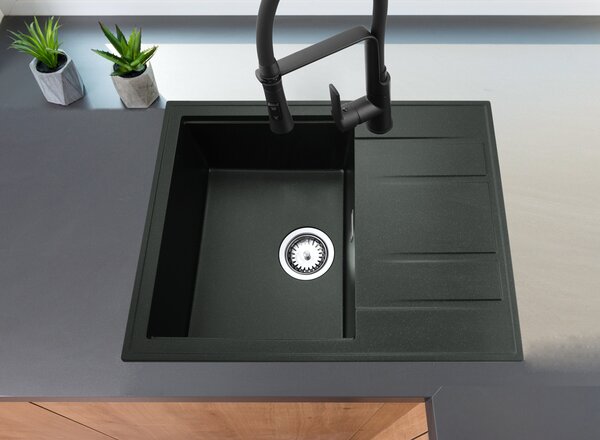 Gamma Modern 6550, 1-komorový granitový dřez 650x500x210 mm s krátkým odkapávačem, černá se zlatými body, GMA-ZLE000093
