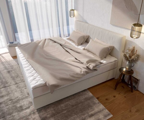 DELIFE Boxspring postel Dream-Well bouclé krémovo-bílá 200x200 cm s taštičkovou pružinovou matrací a visco topperem