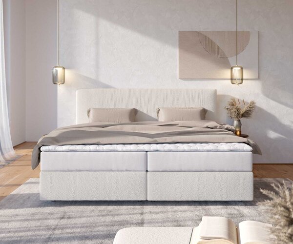DELIFE Boxspring postel Dream-Well bouclé krémovo-bílá 200x200 cm s taštičkovou pružinovou matrací a visco topperem