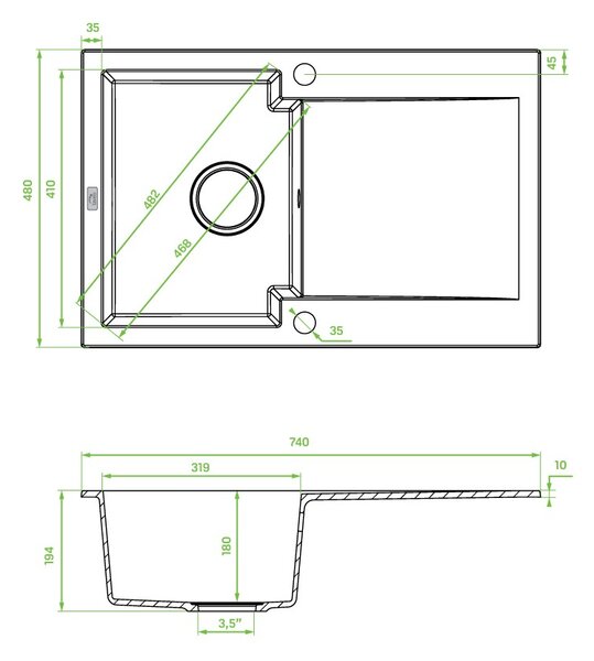 Kuchinox Chichi, 1-komorový granitový dřez 740x480x194 mm, černá skvrnitá, LAV-SBH_711Y