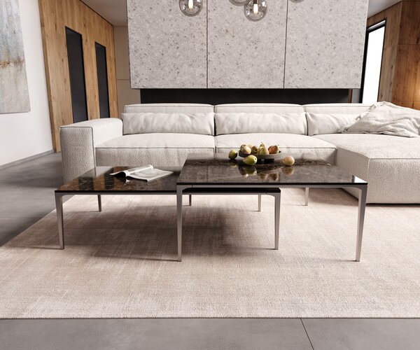 DELIFE Konferenční stolek Levente 85x85 cm keramika Laminam® Emperador Extra Lucidato tmavě hnědá podnož nerezová ocel stříbrná