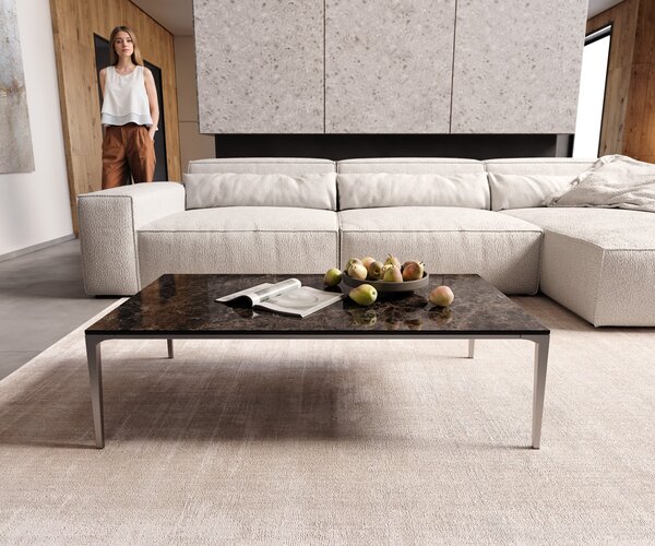 DELIFE Konferenční stolek Levente 110x60 cm keramika Laminam® Emperador Extra Lucidato tmavě hnědá podnož nerezová ocel stříbrná