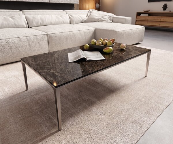 DELIFE Konferenční stolek Levente 110x60 cm keramika Laminam® Emperador Extra Lucidato tmavě hnědá podnož nerezová ocel stříbrná