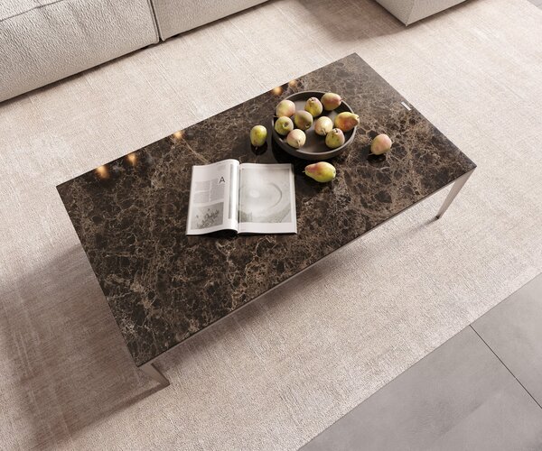 DELIFE Konferenční stolek Levente 110x60 cm keramika Laminam® Emperador Extra Lucidato tmavě hnědá podnož nerezová ocel stříbrná